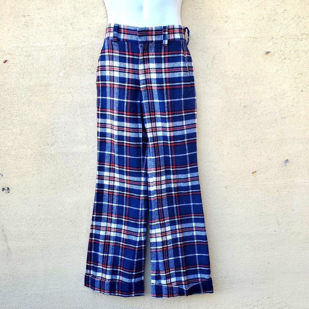 Vintage 60s Mod Pants Women 4 Blue Red White Plaid Flared Cuffed NWOT 29" Waist - Picture 1 of 15